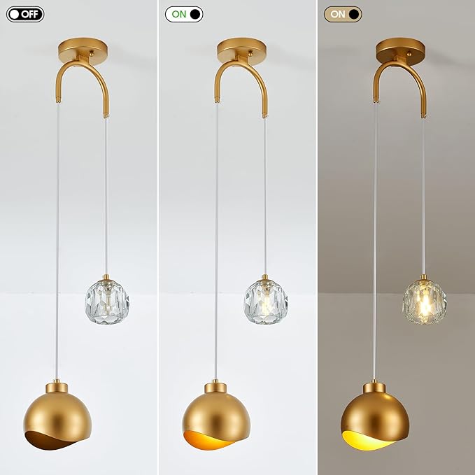 2 - Light Modern Pendant Light with Crystal Accent, Gold Pendant Light Hallway, Unique Hanging Light Fixture for Entryway Bedroom Kitchen Island
