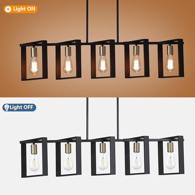 9MMML 41.5" Mid Century Dining Room Chandelier, Black and Gold Wood Pendant Light, Height Adjustable 5 Lights Fixtures for Kitchen Island Hallway Pool Table