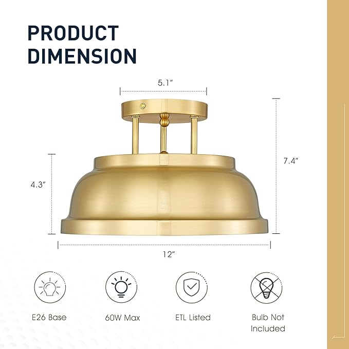 zeyu 2-Light Vintage Flush Mount Light Fixture, Semi Flush Ceiling Light Fixture for Bedroom Kitchen, Metal Dome Shade in Brushed Gold Finish, ZY29-F BG