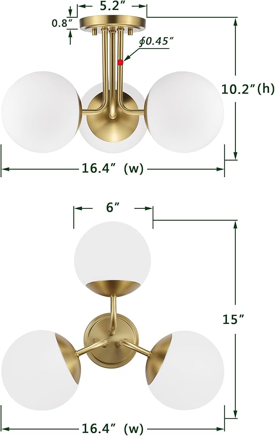 3 Light Semi Flush Mount Ceiling Light Fixture Aged Brass, Modern Globe Chandelier, Sputnik Farmhouse Lighting for Kitchen Bedroom Bathroom Living Room Corridor Laundry Room Bar …
