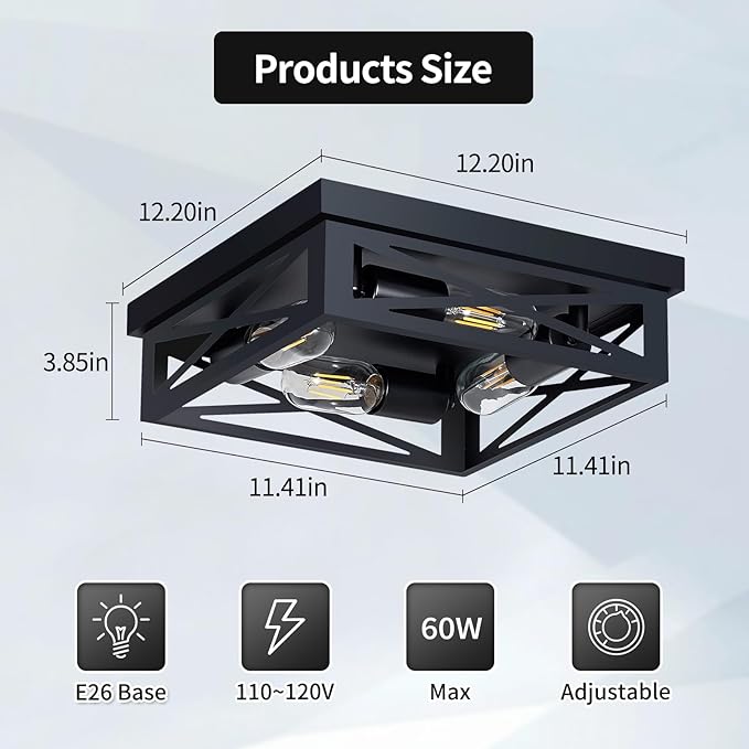 ZHU YAN 4-Light Black Hallway Light Fixture,Farmhouse Industrial Fixture with E26 Base,Cage Ceiling Fixture for Kitchen,Living Room,Hallway,Bedroom 1 Pack
