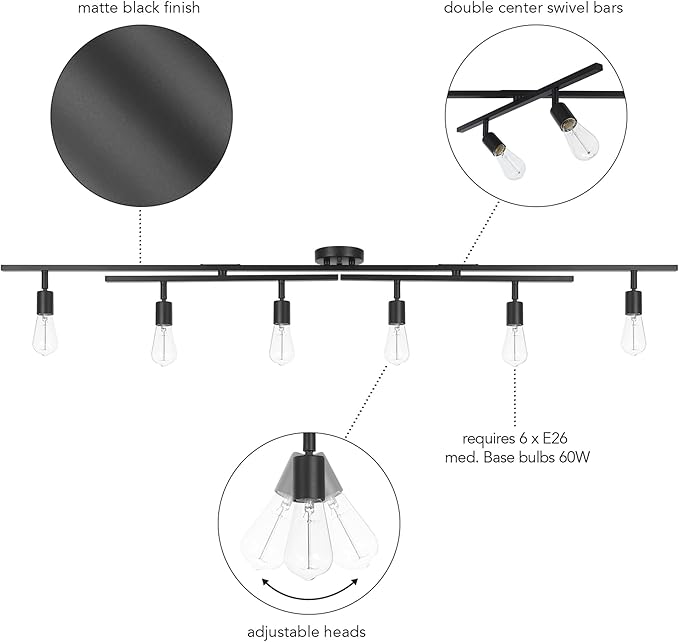 Globe Electric 64000125 64" 6-Light Double Center Swivel Track Lighting, Matte Black, Adjustable Pivoting Heads, Center Canopy, Modern Ceiling Light for Kitchen Island, Hallway, or Dining Room