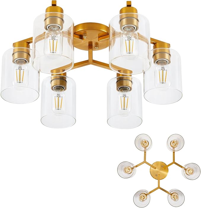 Gold Kitchen Lighting Fixtures Ceiling Dining Room Light Fixtures Brass Kitchen Ceiling Light Fixture Large Chandelier for Living Room Semi Flush Mount with Clear Glass Shade