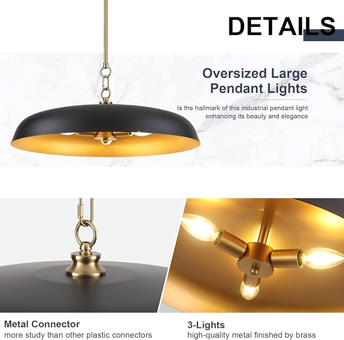 Oversized Large Pendant Lights 20 Inch, 3-Lights Black and Gold Metal Dome Chandelier, Industrial Pendant Lights Kitchen Island Ceiling Hanging Light for Dining Room Over Table, Bar, Cafe