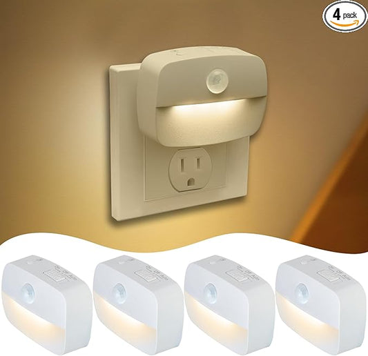 Sossi Motion Sensor Night Light Plug in 4 Pack,10-60Lm Stepless Dimming,3 Light Modes with Memory, Smart Night Lights Plug Into Wall Sensor,Dusk to Dawn Sensor for Bedroom,Toilet,Hallway,Kitchen
