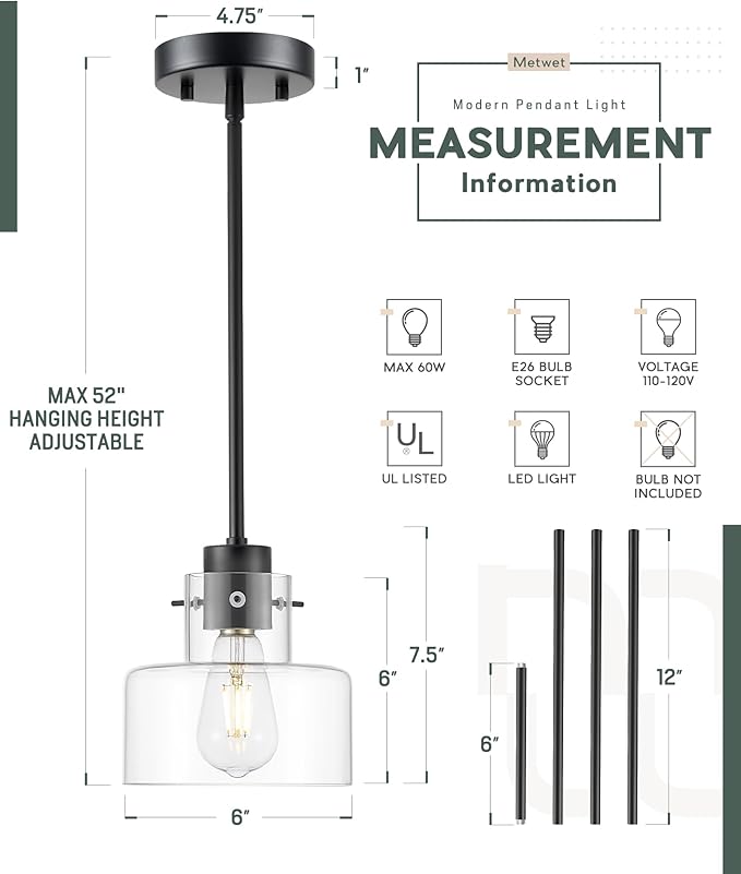 Matte Black Pendant Lights Kitchen Island, 6" Pendant Light Fixtures Over Island with Clear Glass Shade, Modern Kitchen Island Lighting for Dining Room Entryway, PL124-MB-G-1PK