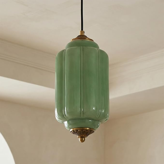 5.5" Small Chandelier Modern Farmhouse Milk Glass Pendant Lighting Fixture Green Hanging Lamp Height Adjustable 1-Light for Dining Room, Entryway, Hallway