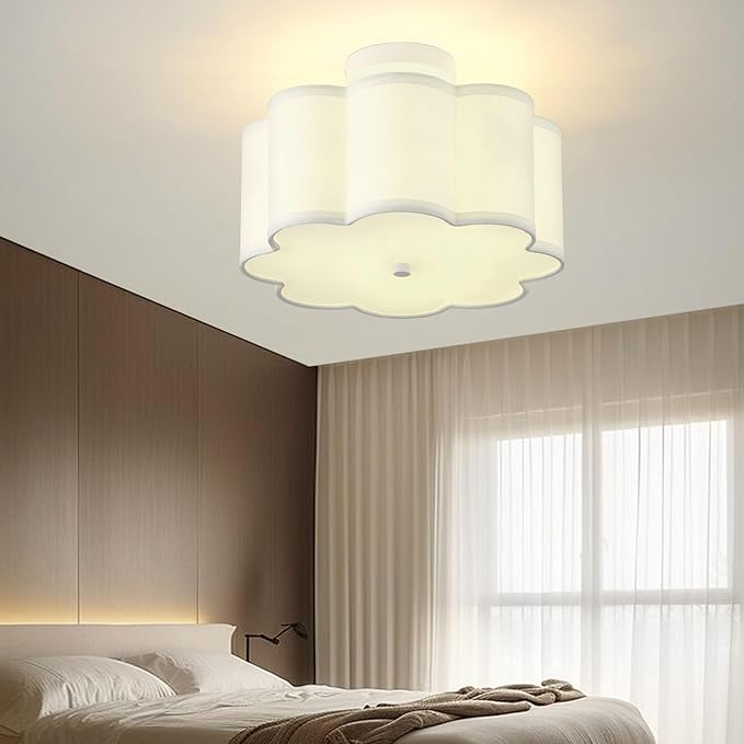 13.3"Semi Flush Mount Ceiling Light Fixture, 3-Light Modern Close to Ceiling Light With Fabric Flower-Shaped Shade, Light Fixtures Ceiling Mount for Bedroom Nursery Kids Room Living Room(White)