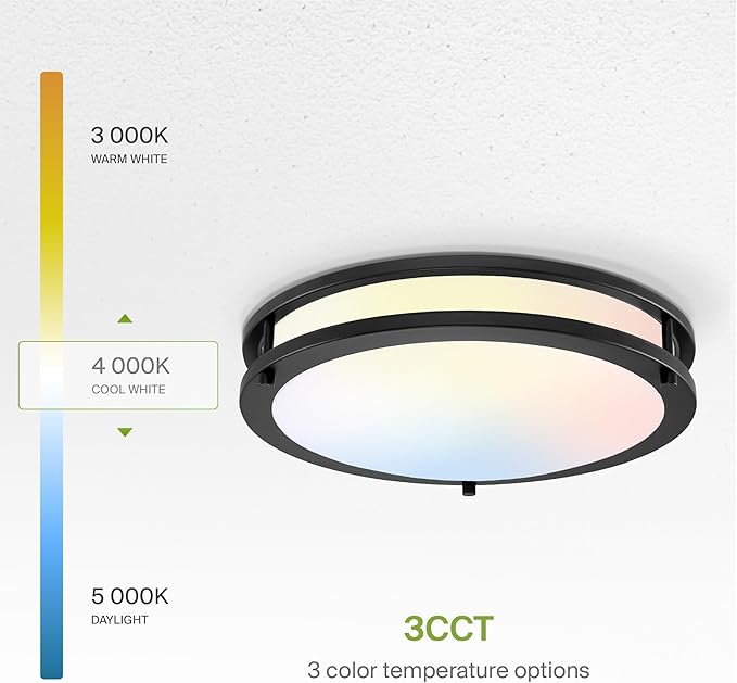 ASD LED 14" Round Flush Mount Lighting, Close to Ceiling Light Fixture | 3CCT, Dimmable, Energy Star, ETL Listed | 21W 1675LM 3000-5000K 120V | Low Profile Double Ring Lamp | Black