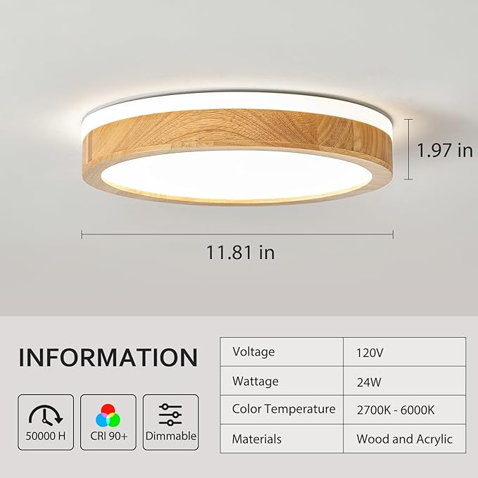 Pevfah Modern Dimmable Wood Flush Mount Ceiling Light, 2700K-6000K 5CCT Round Close to Ceiling Lighting Fixtures, Minimalist LED Ceiling Lamp for Bedroom, Kitchen, Hallway, Laundry Room-11.81in