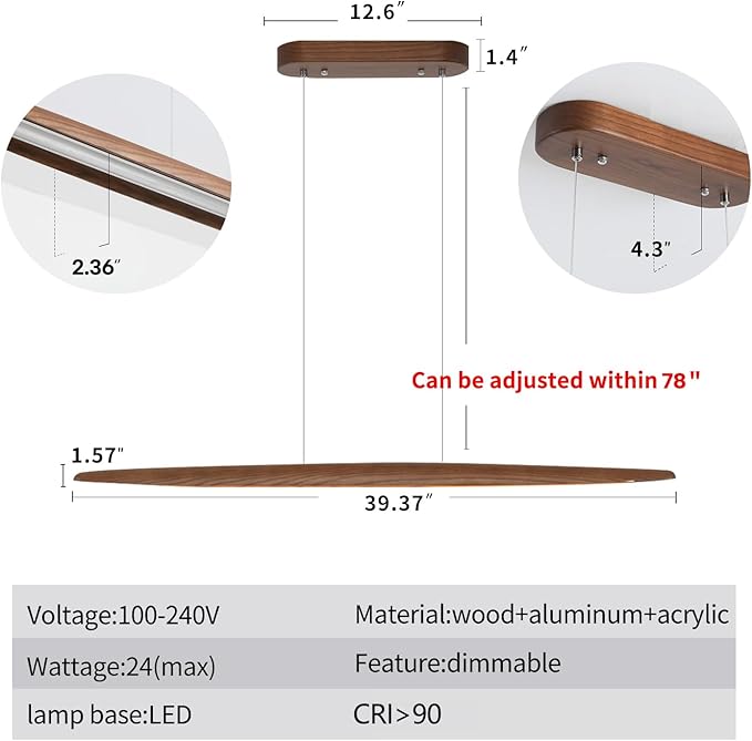 YISDESIGN 39" Wood Linear Pendant Light LED Dimmable Hanging Light Dinning Room Light Fixture Island Lights 24w for Dining Room Kitchen Island Bar Walnut Color
