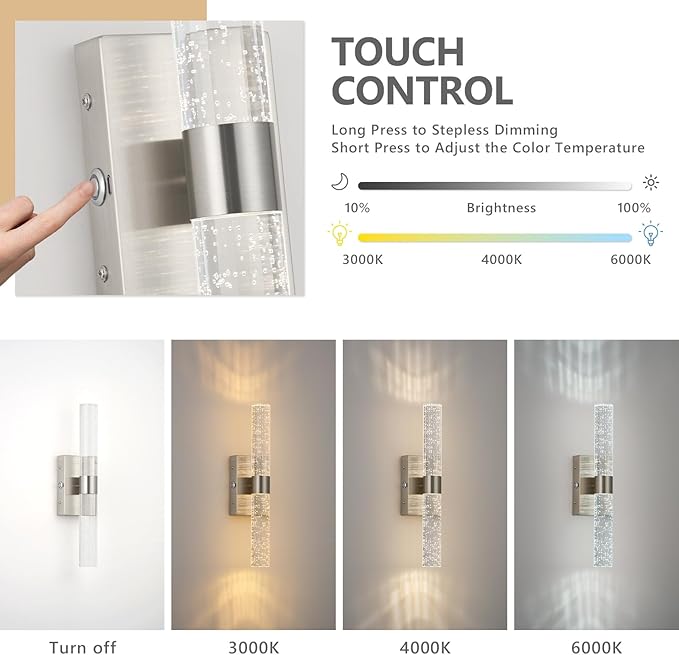 Brushed Nickel Battery Operated Wall Sconces Set of 2, 20000mAh Rechargeable Wall Light with Remote Control, 3000K-6000K Dimmable LED Wireless Sconces for Bedroom, Living Room, 15.6 Inch