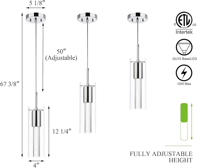 XiNBEi Lighting Pendant Lighting 1 Light Mini Pendant Lights with Glass and Bubble Crystal, Modern Chrome Hanging Pendant Light with LED Bulb for Kitchen & Dining Room XB-P1110-CH
