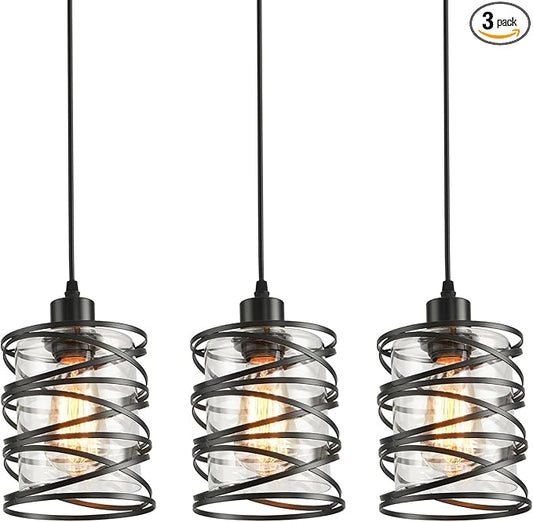 3 Pack Pendant Light Kitchen Island Pendant Lighting, Glass Hanging Light with Spiral Cage Clear Glass Shade, Black Modern Indoor Hanging Lamp
