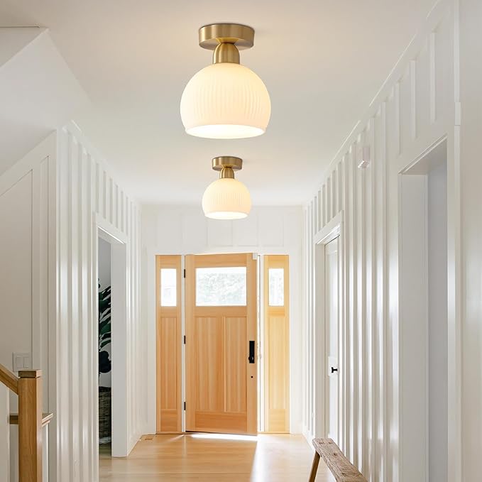 KCO Lighting Milk Glass Flush Mount Ceiling Light Fixture Small Brass Flush Mount Light Modern Gold Globe Semi Flush Mount Ceiling Light White Entryway Light Fixture