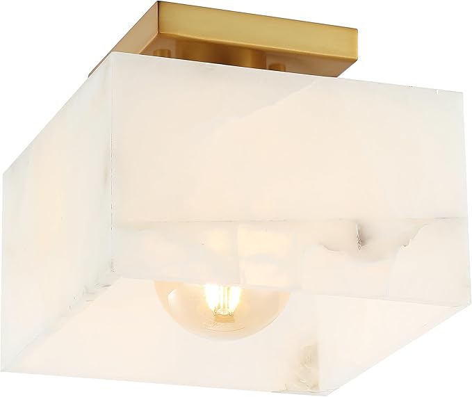 JONATHAN Y 8" White Marbling/Brass Gold Modern 1-Light Semi Flush Mount Ceiling Light for Bedroom, Cube White Alabaster Marble Shade, Mid-Century Minimalist Fixture, LED Bulb Included (JYL1203A)