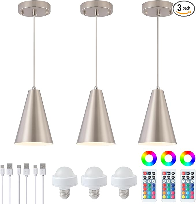 Dijiahua Brushed Nickel Battery Operated Pendant Lights Kitchen Island 3 Pack with Remote Control,Modern Wireless Rechargeable RGB Color Temperatures Hanging Lamp Fixtures with Silver Metal Shade