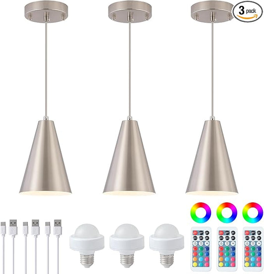 Dijiahua Brushed Nickel Battery Operated Pendant Lights Kitchen Island 3 Pack with Remote Control,Modern Wireless Rechargeable RGB Color Temperatures Hanging Lamp Fixtures with Silver Metal Shade