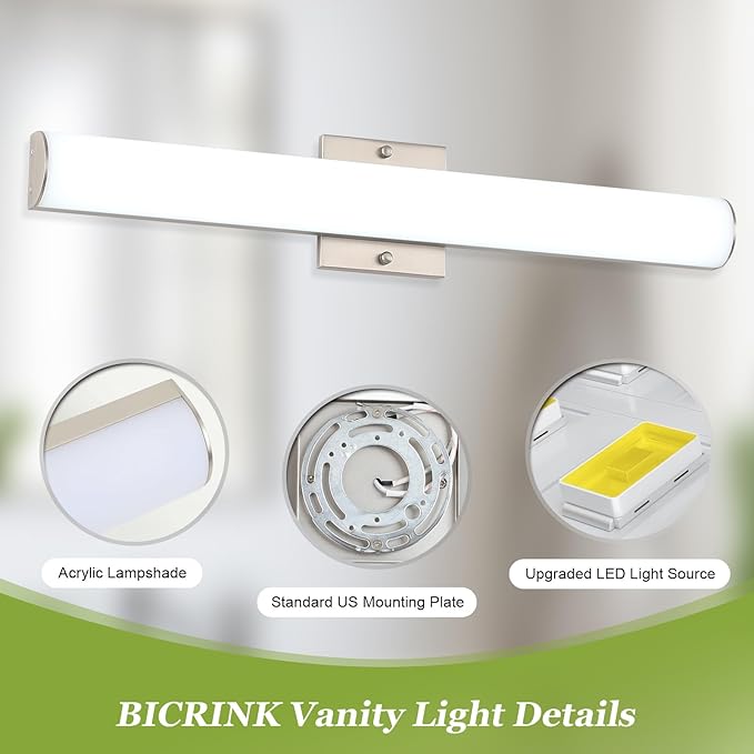 Brushed Nickel Vanity Lights 24 Inch 24W Bathroom Light Fixture LED Bathroom Vanity Lights Over Mirror Vanity Lighting Fixtures, Wall Light Fixtures, Daylight 5500K