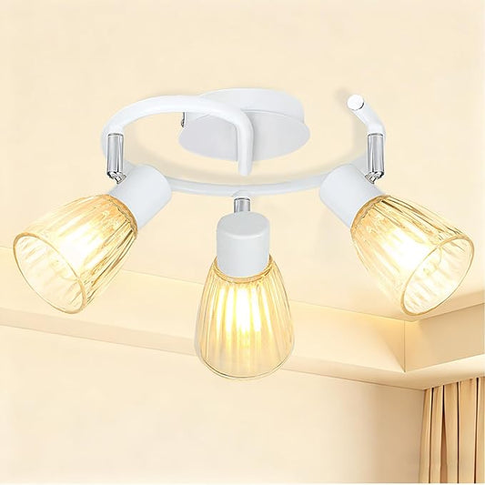 HiBay 3-Light Track Lighting White, Directional Modern Ceiling Light Fixture w/Glass Shades, Flush Mount Ceiling Spotlight Indoor for Kitchen, Bedroom, Living Room, E12 Base, No Bulbs