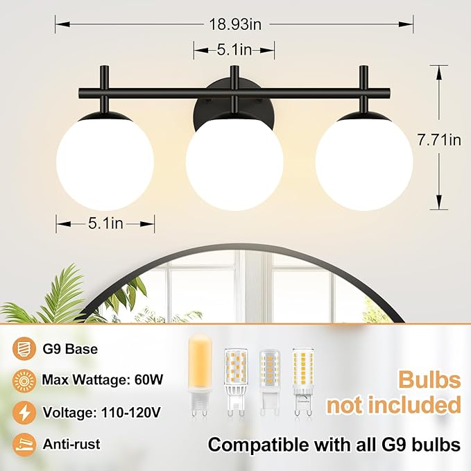 3-Light Bathroom Light Fixtures, Matte Black Vanity Lights for Bathroom with Milky White Glass Ball Shade, 18.9 inch Bathroom Lighting Fixtures Over Mirror, Wall Sconce for Bedroom (Bulb Not Included)