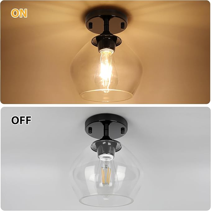Modern Semi Flush Mount Ceiling Light with Clear Glass Shade, Industrial Close to Ceiling Light, Hanging Ceiling Light Fixture for Hallway, Bedroom, Dining Room, Entryway, Foyer
