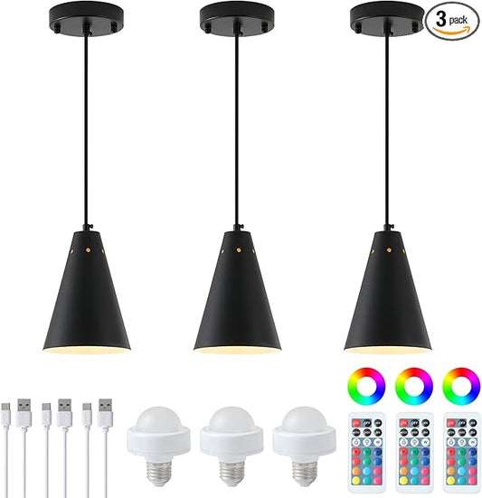 Dijiahua Black Battery Operated Pendant Light 3 Pack with Remote Control,Wireless Rechargeable Mini Chandeliers with Metal Shade, Modern Dimmable 12 GRB Color Temperatures Cord Hanging Lighting