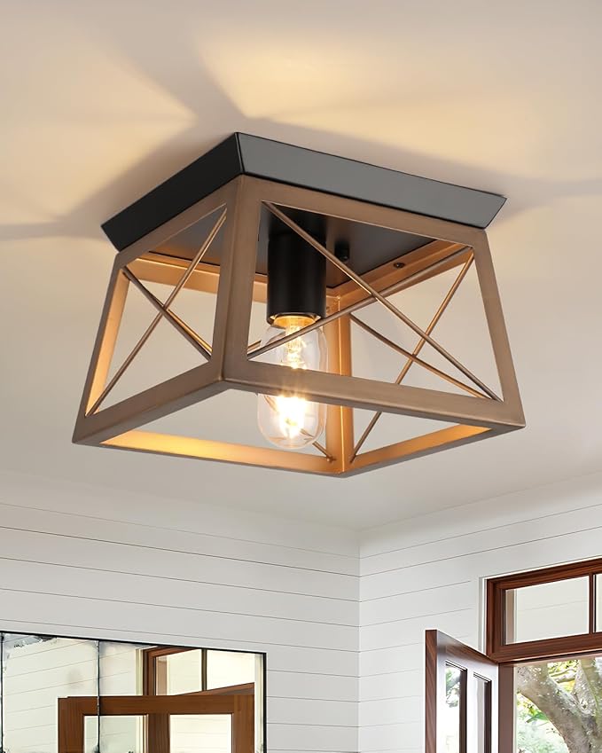 Farmhouse Bronze Flush Mount Ceiling Light - 1-Light Industrial Kitchen, Rustic Flush Mount for Hallway, Entryway, Foyer, Dining Room, Bedroom