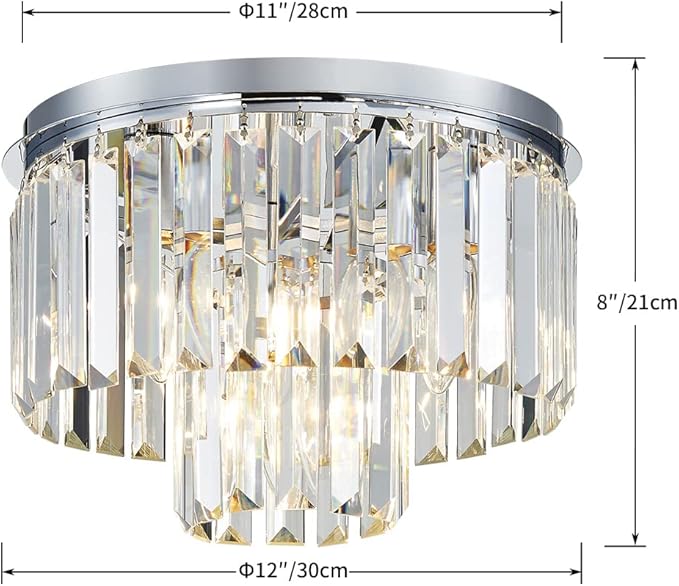 AGV LIGHTING CL006S Crystal Ceiling Light Fixture, Modern Semi Flush Ceiling Light, D12 x H8, E12 Base 3-Lights, Chrome Finish