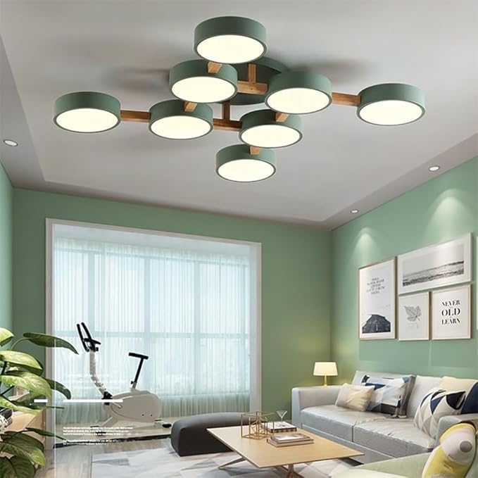 LED Ceiling Light Fixture,44 Inch 8-Lights Modern Ceiling Lights Flush Mount Wooden 96W Chandelier for Living Room Bedroom Kitchen,Dimmable 3000K/4000K/6000K Temperatures Selectable, Green