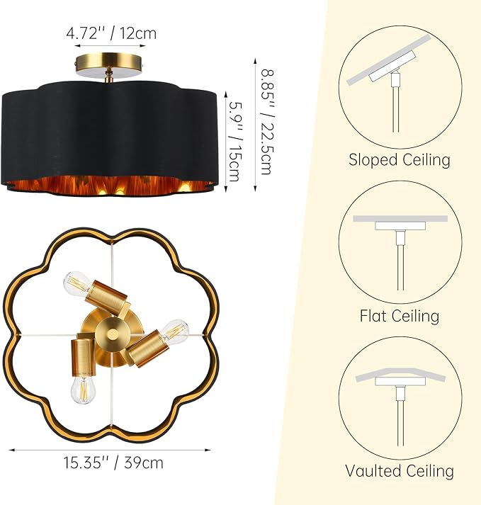 Newrays 3-Light Semi Flush Mount Ceiling Light Fixture, Fabric Shade Modern Close to Ceiling Lamp for Nursery Kids Room Bedroom Kitchen Hallway Entryway with 3PCS LED Bulbs (Black)