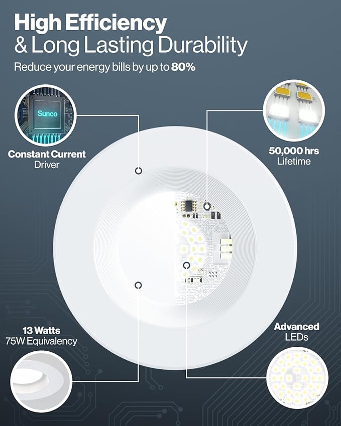 Sunco LED Recessed Lighting 6 Inch, Retrofit Can Lights, 965LM, 13W (100W Equivalent), Selectable CCT 2700K/3000K/3500K/4000K/5000K, Dimmable, Baffle Trim, Damp Rated UL 4 Pack