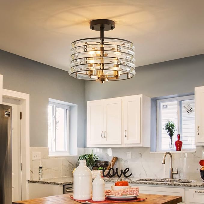 AGV LIGHTING CH015BB Crystal Semi Flush Mount Ceiling Light Fixture, E12 Base 3-Lights, D12 x H 9", Crystal Lamp Shade, Light Gold & Matte Black Finish