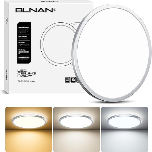 BLNAN 15.4 Inch LED Flush Mount Ceiling Light, 3000K-5000K 3 Color Selectable Ceiling Lights, 36W 3600LM Closet Light Fixture, Ceiling Lamp for Bedroom, Dining Room, Kitchen, Silver