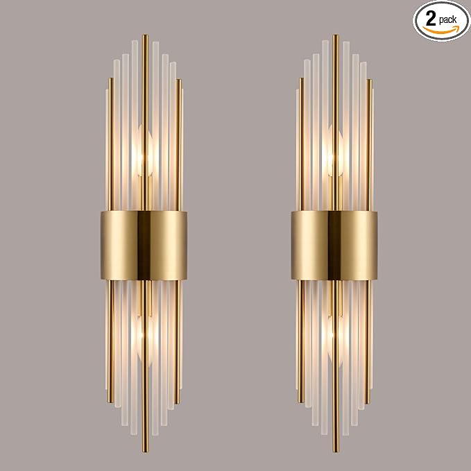 2-Light Modern Crystal Wall Sconces Titanium Gold Vanity Wall Light with Frosted Glass Luxury Set of 2 Wall Light Fixtures for Bedroom Living Room Dining Room Vanity Mirror Light