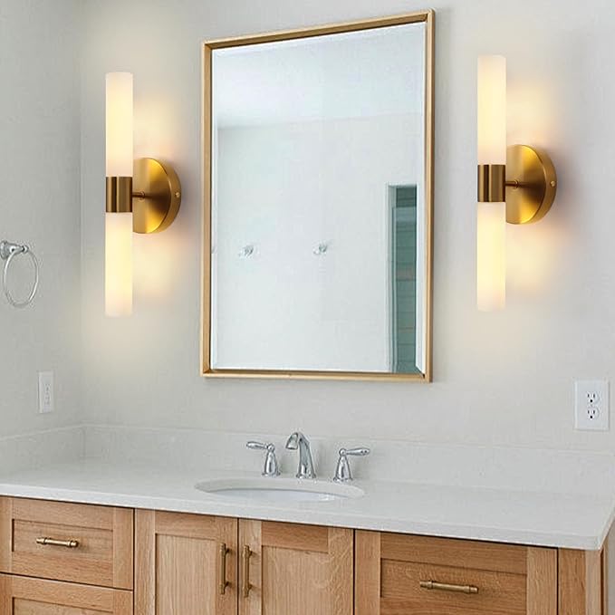 KUZZULL Wall Sconces Set of Two, Brass Gold Bathroom Sconces Wall Lighting with White Glass, Modern Sconces Wall Decor Set of 2 Wall Light fixtures for Bathroom Mirror Living Room Hallway Wall Lamp
