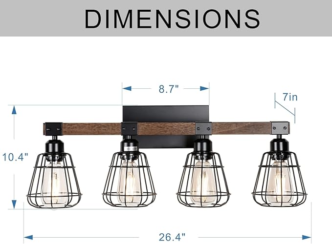 Bathroom Vanity Light Fixture,Rustic 4-Light Wood Wall Light,Industrial Bathroom Lighting Fixture Over Mirror,Modern Matte Black Metal Cage Wall Sconce for Hallway,Kitchen,Bedroom