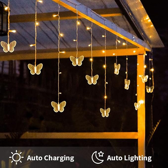 Butterfly Solar Lights Outdoor 13ft LED Fairy Curtain Light with Remote, USB Rechargable Waterproof Solar Firefly Light Butterfly Decor for Garden Patio Balcony Fence Tent Easter (Warm White)