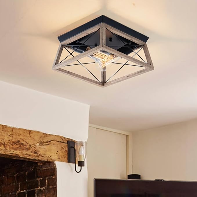 VILUXY Farmhouse Wood Flush Mount Ceiling Light Fixture - 2-Light Square Lamp for Hallway, Entryway, Dining Room, Kitchen - Light Wood Color