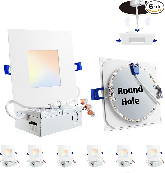 Adetu 4 inch Square Led Recessed Lighting,6 Pack 5CCT Ultra Thin Square Led Ceiling Light with Junction Box,10W 860LM,CRI90,2700K-5000K Selectable,Dimmable Canless Downlight,ETL and Energy Star