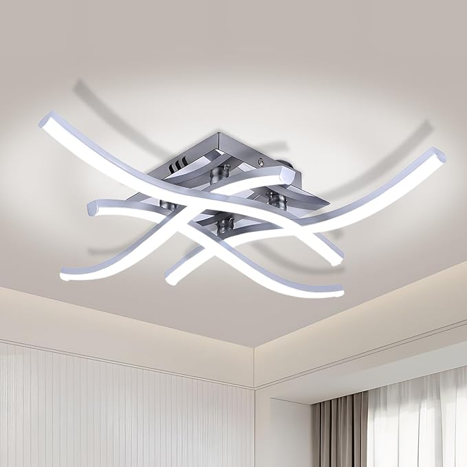 24W Modern LED Ceiling Light Fixture, 19.7 Inch Curved Wave Ceiling Lamp for Bedroom, Kitchen, Hallway, Foyer Library Dining Room Silver 6000K Modern Ceiling Light Fixture