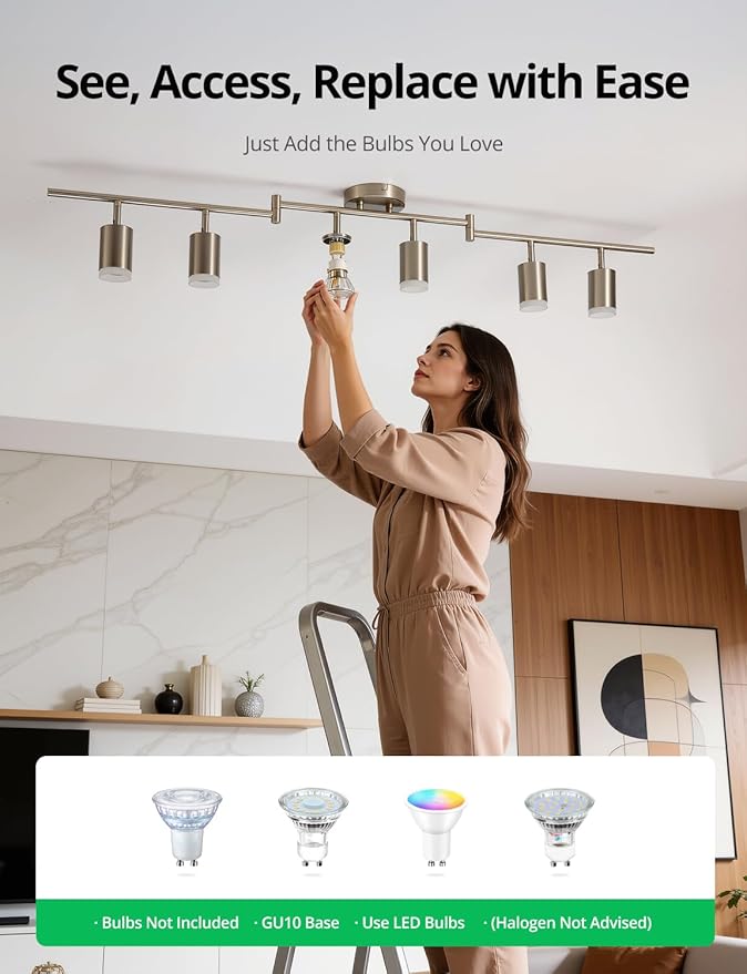 Bojim Track Lighting Fixtures Ceiling Mount for Kitchen, Nickel 6 Way LED Spot Lights Indoor, Flexible Modern Track Light GU10 Socket for Dining Room, Bulbs Not Included