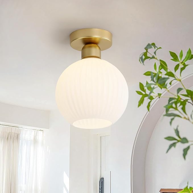 KCO Lighting Small Antique Brass Flush Mount Ceiling Light White Ribbed Glass Ceiling Fixture Mid Century Modern Semi Flush Mount Milk Glass Globe Light