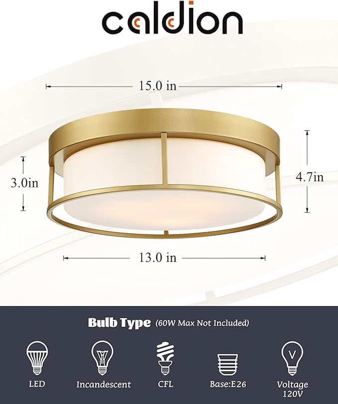 Ceiling Light, 15 Inch Flush Mount Ceiling Light Fixture, Gold Finish with Opal Frosted Glass, Round Close to Ceiling Lights for Bedroom, Kitchen 6871LFM-GD-15