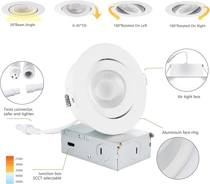 KnLnny Ware Gimbal Recessed Lighting 4 Inch 6 Pack, LED Recessed Light Dimmable with Junction Box,Adjustable Recessed Lighting, Air Tight,ETL Listed,9W 750LM,5 CCT Selectable