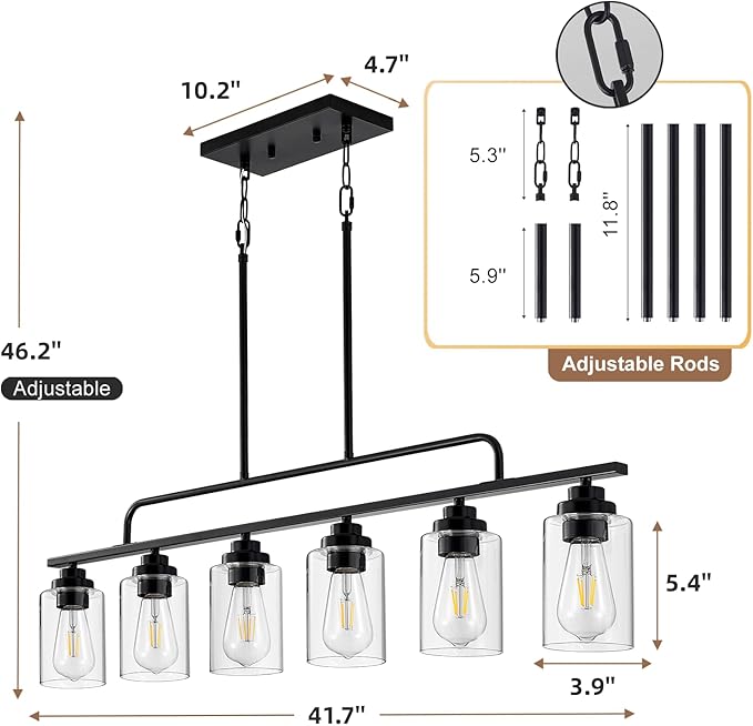 Dining Room Light Fixture - Black 6-Light Farmhouse Chandelier Kitchen Island Lights Fixtures Modern Linear Chandeliers Hanging Pendant Lighting Over Table for Dining Room