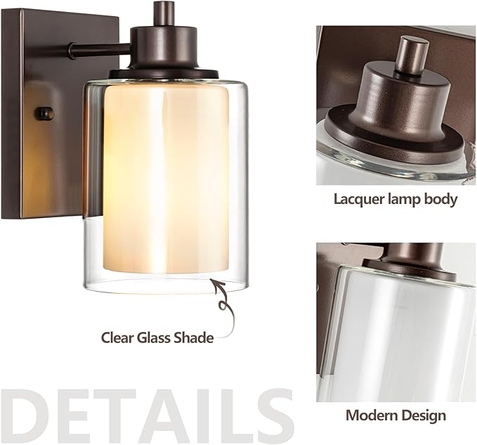 3 Pack Bath Vanity Light Fixtures, Modern Indoor Wall Scone Lighting with Dual Glass Shade, Oil Rubbed Bronze Wall Lamp for Bedroom Mirror Kitchen Living Room Entryway