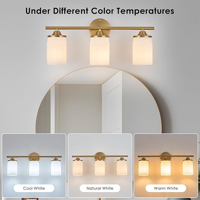 Jonsi Gold Bathroom Light Fixtures 3-Light Vanity Lights Modern Wall Sconce with Milk White Shade Brushed Brass Bathroom Light Fixture Over Mirror for Bedroom Hallway Kitchen