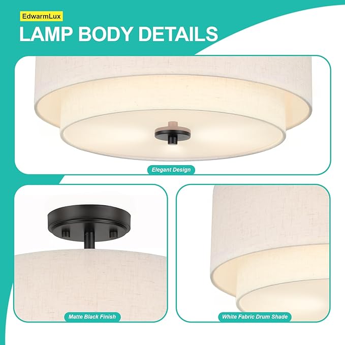 3-Light Semi Flush Mount Ceiling Light, 16" Drum Light with White Fabric Shade, Modern Close to Ceiling Lamp for Living Room Bedroom Dining Kitchen Hallway Entry (Matte Black)