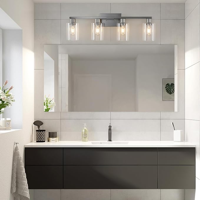 4 Light Bathroom Light Fixtures, Brushed Nickel Bathroom Vanity Light with Clear Glass Shade, Bathroom Lighting Fixtures Over Mirror, Vanity Lights for Bathroom Mirror